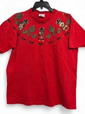 Red vintage 90s tee with cactus and sombrero design